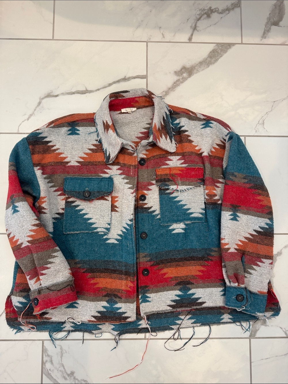 Shacket Teal & Rust Patterned Wool Blend Jacket